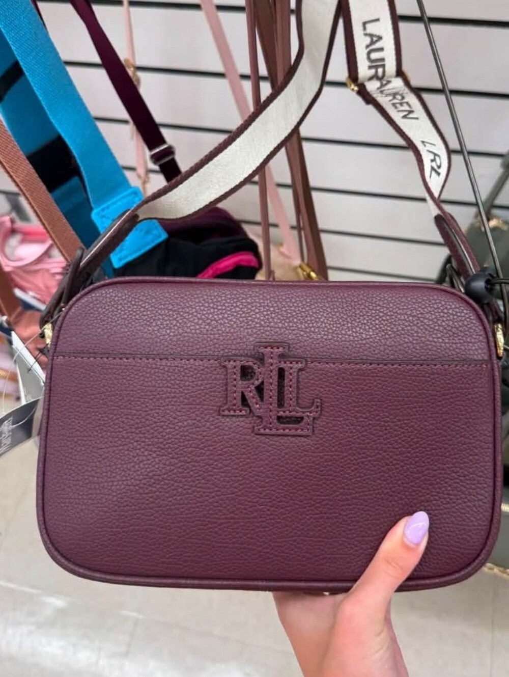 Lauren Ralph Lauren Plum Pebbled Leather Crossbody with Branded Strap